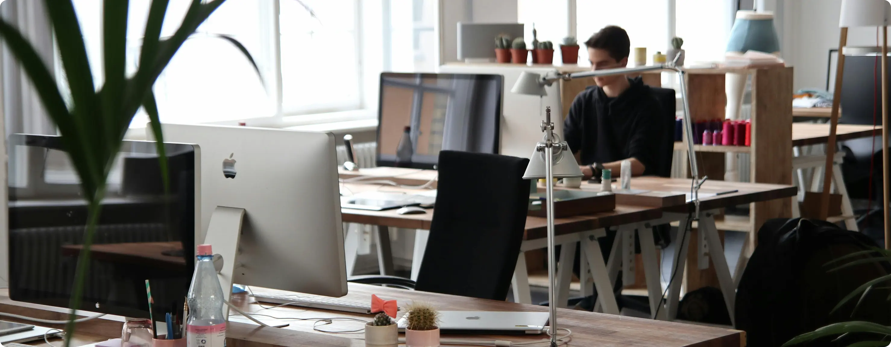 A man engaged in web design, working intently on his computer in a professional office environment.